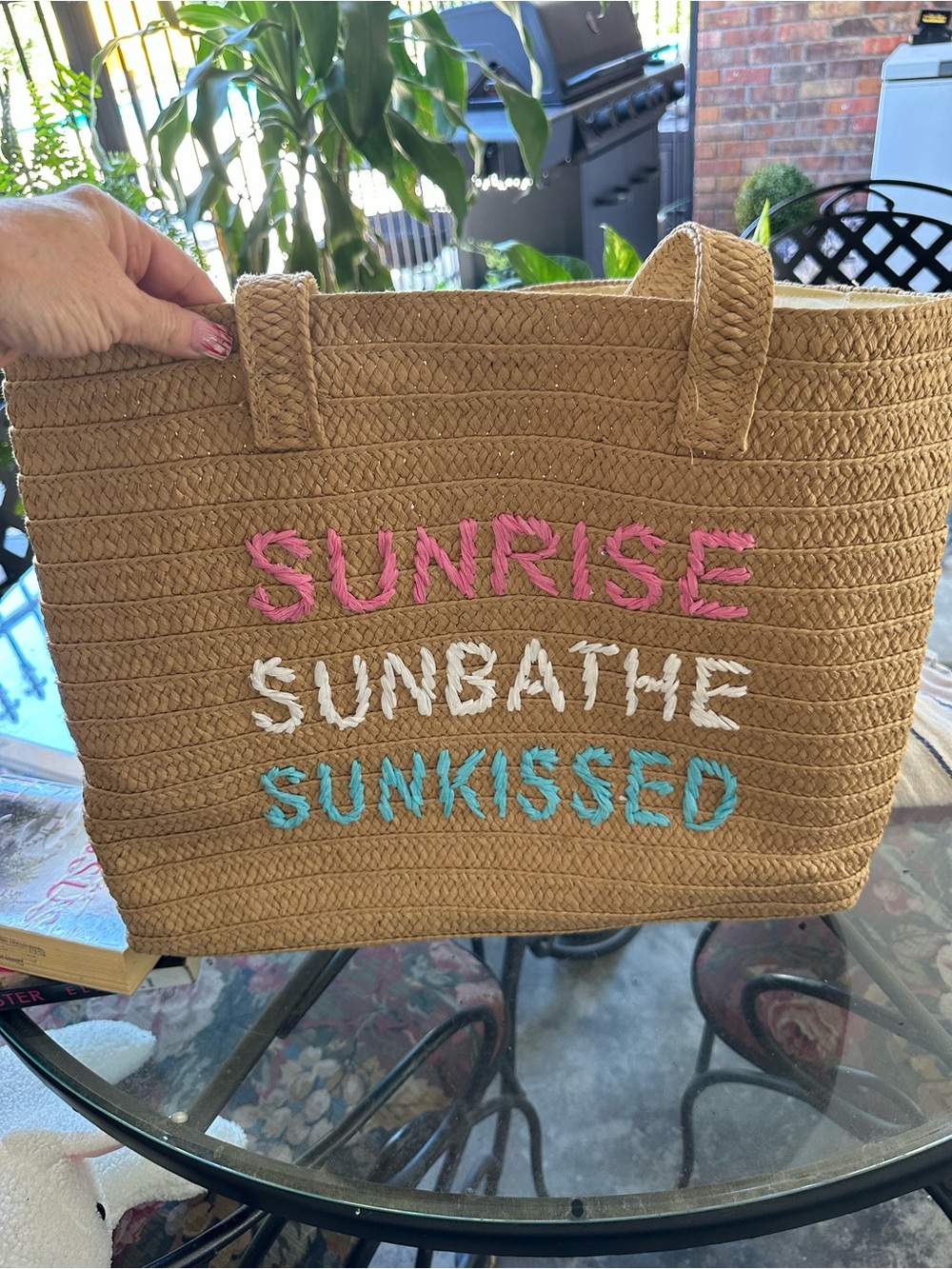 Brown Embroidered Straw Tote Bag - SUNRISE SUNBATHE SUNKISSED